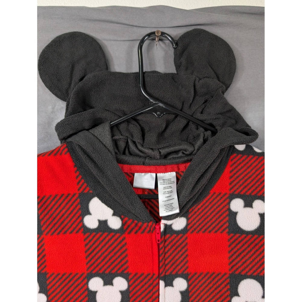 Disney 100 Mickey Mouse‎ Buffalo Plaid Hooded One Piece Pajamas Red Black Medium - Picture 8 of 9